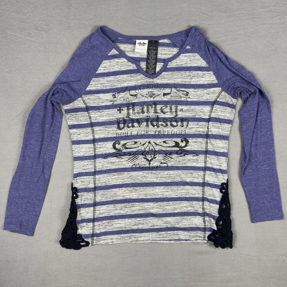 Harley Davidson Womens XL Purple Gray Striped Built For Freedom w/ Lace
